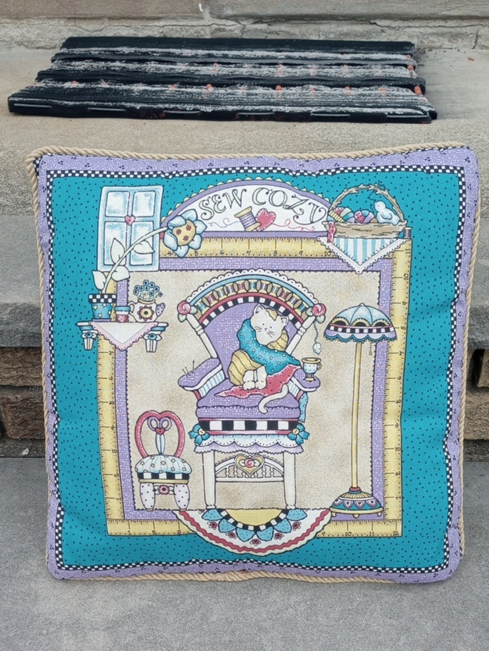 Sew Cozy Colorful Country Toss Pillow w/ Cat. Aqua Yellow Purple White Pink Blue